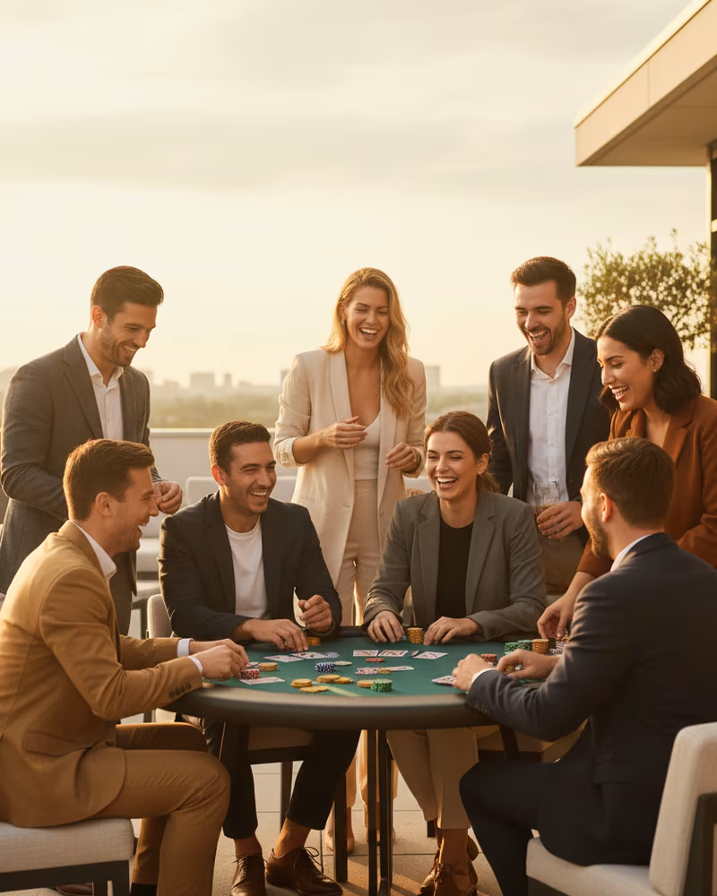 Młodzi profesjonaliści śmieją się podczas team-buildingu pokerowego na tarasie