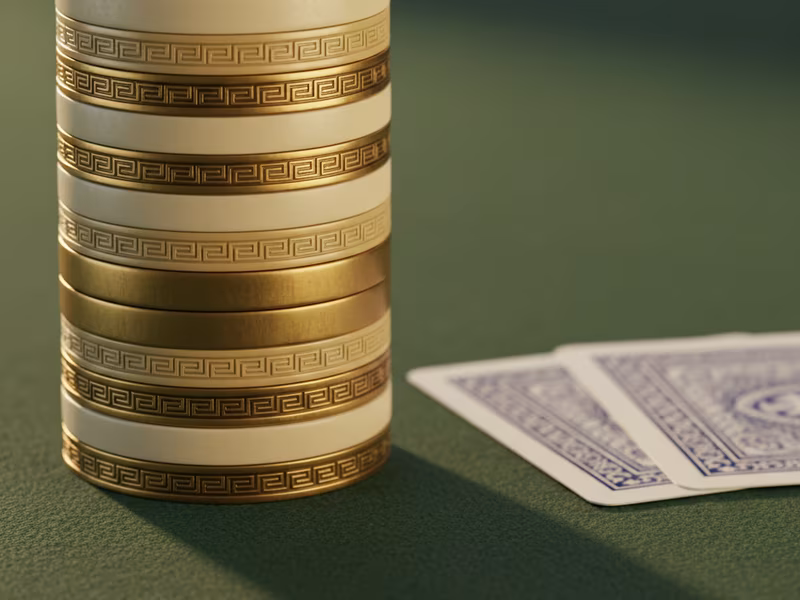 Mosiężne i kremowe żetony pokerowe ułożone w stos na zielonym suknie