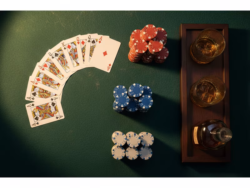 Widok z góry na stół pokerowy z kartami i stosami żetonów