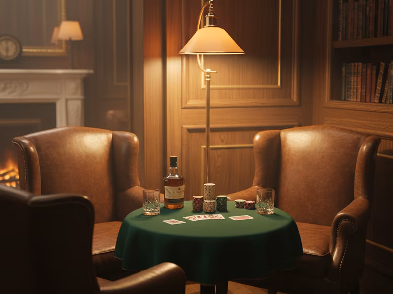 Przytulny narożnik klubu pokerowego z lampą mosiężną i fotelami