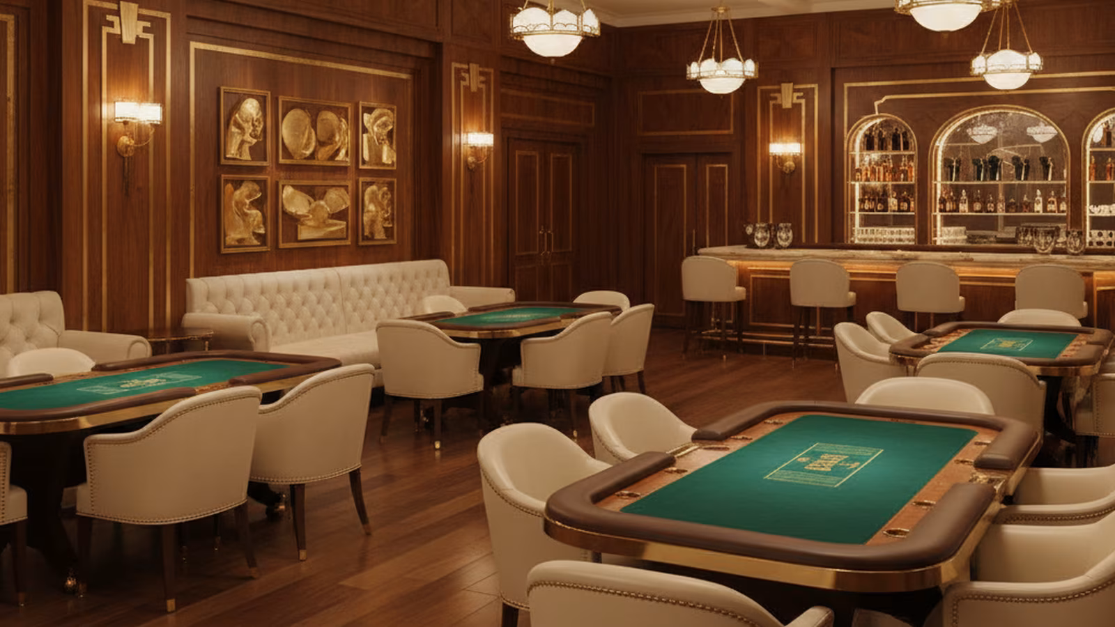 Wnętrze eleganckiego boutique-owego klubu pokerowego z drewnianymi panelami i mosiężnymi detalami