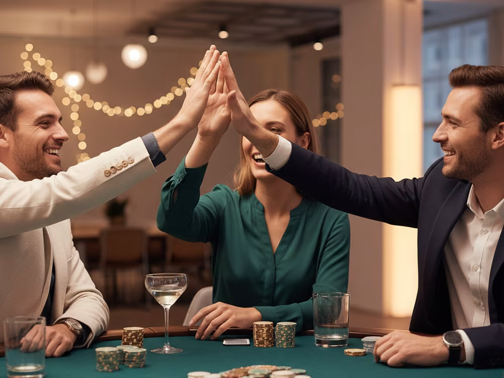 Grupa współpracowników świętuje wygraną przy stole pokerowym